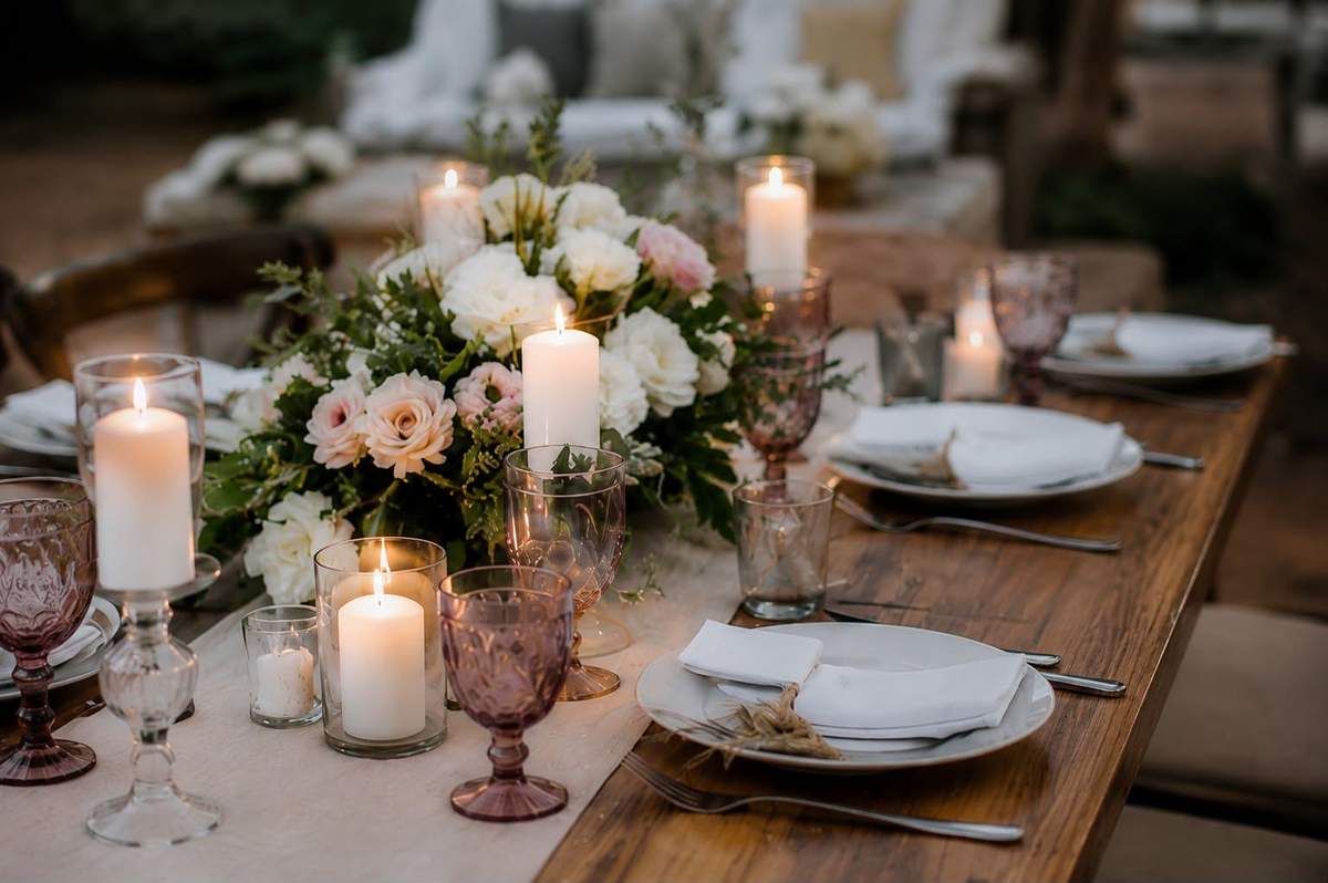 Detalle mesa con velas y flores